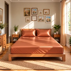 warm coral orange glossy finish fitted silk bed sheet