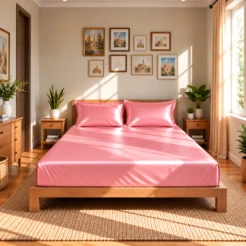 soft rose pink premium shine fitted silk bed sheet