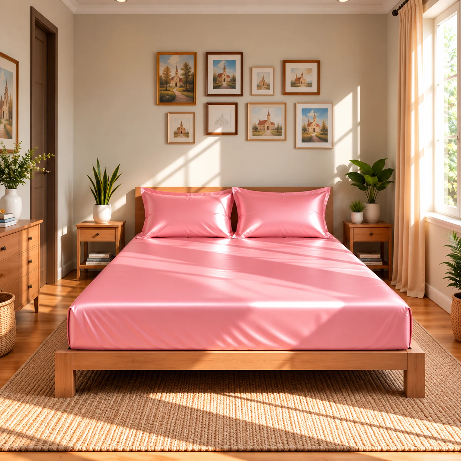 soft rose pink premium shine fitted silk bed sheet