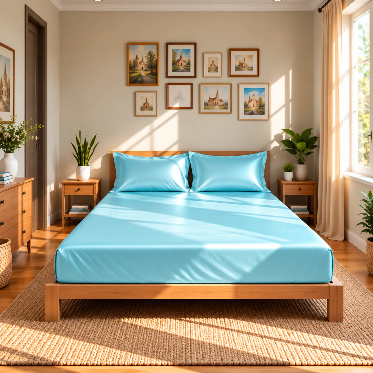 elegant sky blue smooth touch fitted silk bed sheet