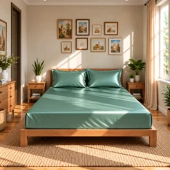 luxury sage green satin finish fitted silk bed sheet