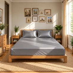modern silver grey smooth finish fitted silk bed sheet