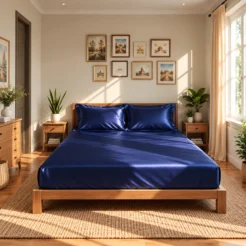 classic midnight navy premium look fitted silk bed sheet