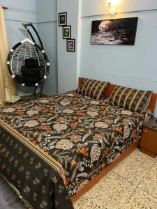 Black Orange Floral Cotton Printed Bedsheet Set