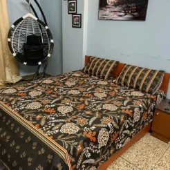 Black Orange Floral Cotton Printed Bedsheet Set