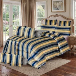 Blue Yellow Bold Striped 14 Pcs Wedding Bedding Set King Size