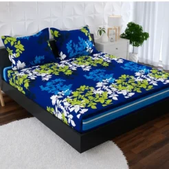 Blue Floral Printed Bed Sheet Fitted