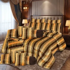 Brown Gold Olive Striped 14 Piece Luxury Bridal Bedding Set