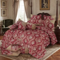 Burgundy Cream Ornate Floral Damask 14 Piece Luxury Bridal Bedding Set