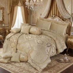 Champagne Gold Damask King Size 14 Pcs Bridal Bed Set