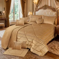 Champagne Gold Quilted 14 Pcs King Size Bridal Bedding Set