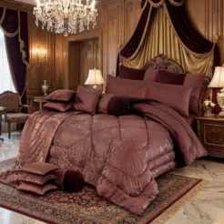 Chocolate Burgundy Floral Jacquard 14 Piece Luxury Bridal Bedding Set
