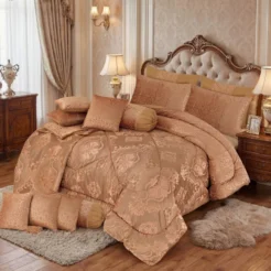 Copper Beige Ornate Damask King Size Bridal Comforter Set 14 Pcs