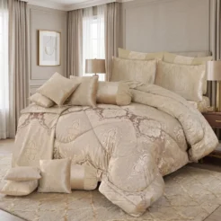 Cream Beige Ornate Damask 14 Pcs Wedding Bedding Set King Size