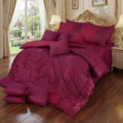 Deep Magenta Maroon Floral Damask King Size Bridal Comforter Set 14 Pcs