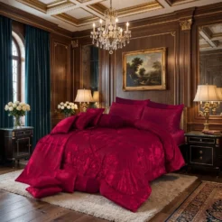 Deep Red Burgundy Tonal Floral 14 Pcs King Size Bridal Bedding Set