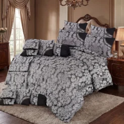 Grey Black Dense Floral 14 Piece Luxury Bridal Bedding Set