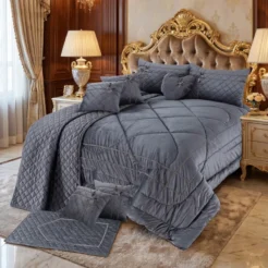 Grey Charcoal Quilted King Size Bridal Comforter Set 14 Pcs