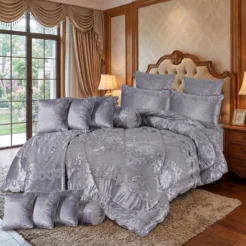 Grey Silver Large Floral King Size 14 Pcs Bridal Bed Set
