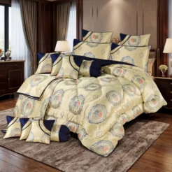 Ivory Navy Blue Medallion King Size Bridal Comforter Set 14 Pcs