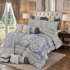 Light Blue Grey Floral Medallion King Size 14 Pcs Bridal Bed Set