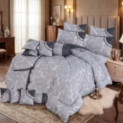 Light Grey Slate Floral King Size Bridal Comforter Set 14 Pcs