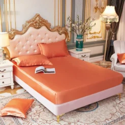 Warm Coral Orange Glossy Finish Fitted Silk bed sheet