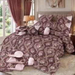 Plum Beige Floral Damask King Size 14 Pcs Bridal Bed Set
