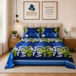 Blue Floral Printed Bed Sheet Front