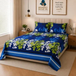 Blue Floral Printed Bed Sheet Side
