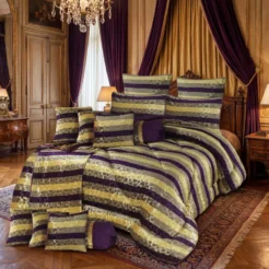 Purple Gold Olive Striped King Size Bridal Comforter Set 14 Pcs