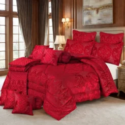 Red Tonal Floral Jacquard 14 Pcs King Size Bridal Bedding Set