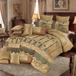 Sage Green Gold Ornate Damask King Size 14 Pcs Bridal Bed Set