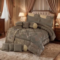 Taupe Grey Beige Damask Medallion 14 Pcs Wedding Bedding Set King Size