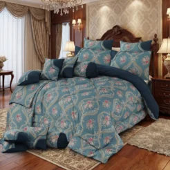 Teal Blue Paisley Floral 14 Pcs Wedding Bedding Set King Size