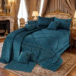 Teal Blue Quilted 14 Pcs King Size Bridal Bedding Set