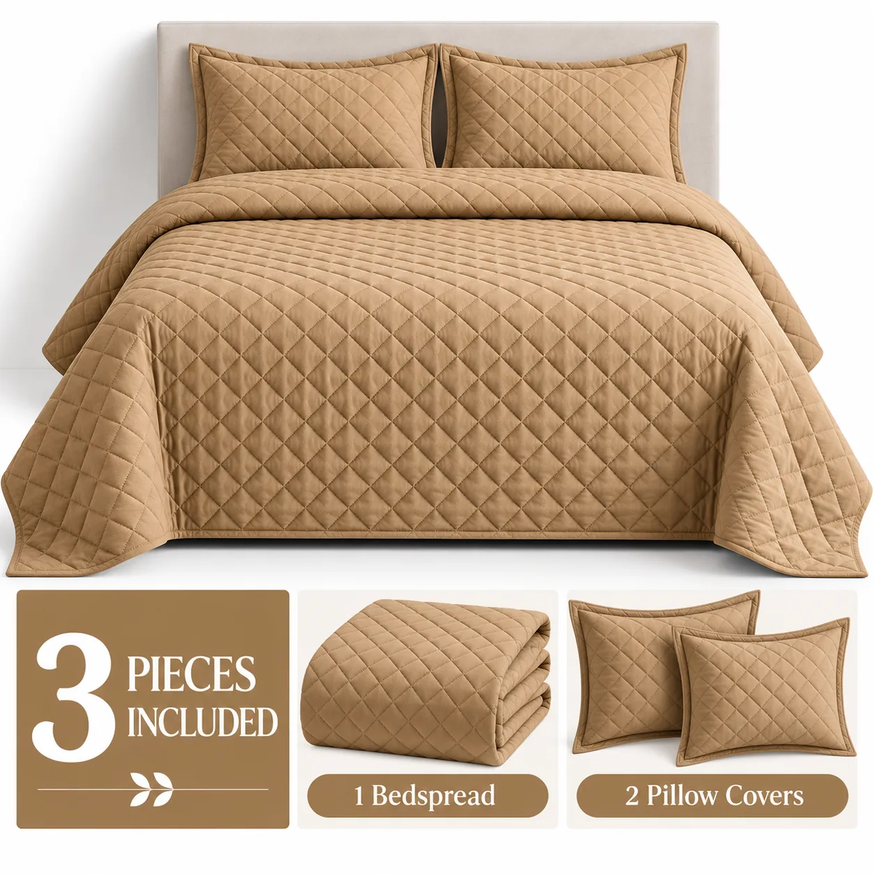 Sand Beige Diamond Quilted Bedspread Set (3 Pcs) - Image 4