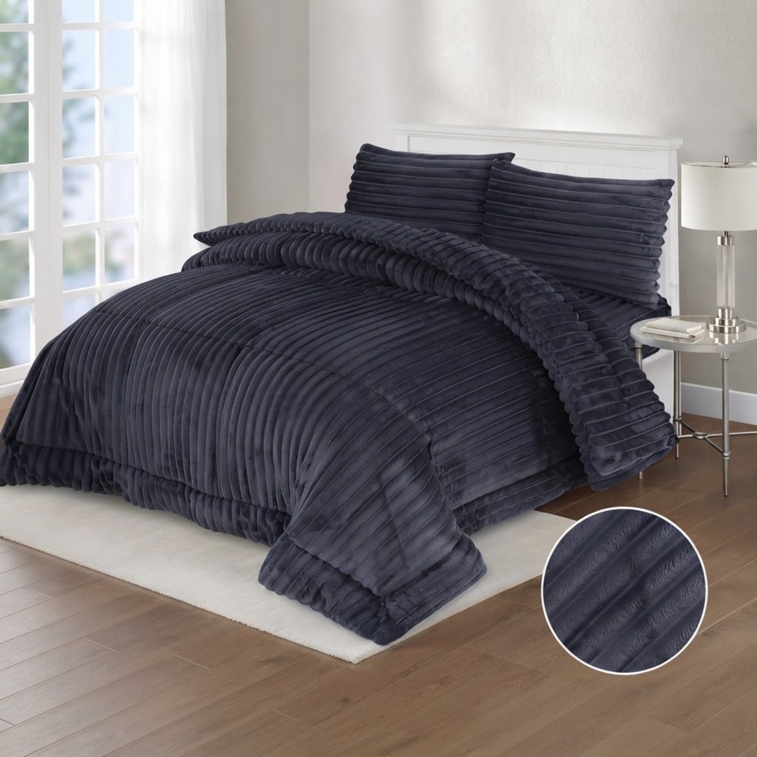Charcoal Grey Shaggy Fluffy King Size Quilt Set – 4 Pcs
