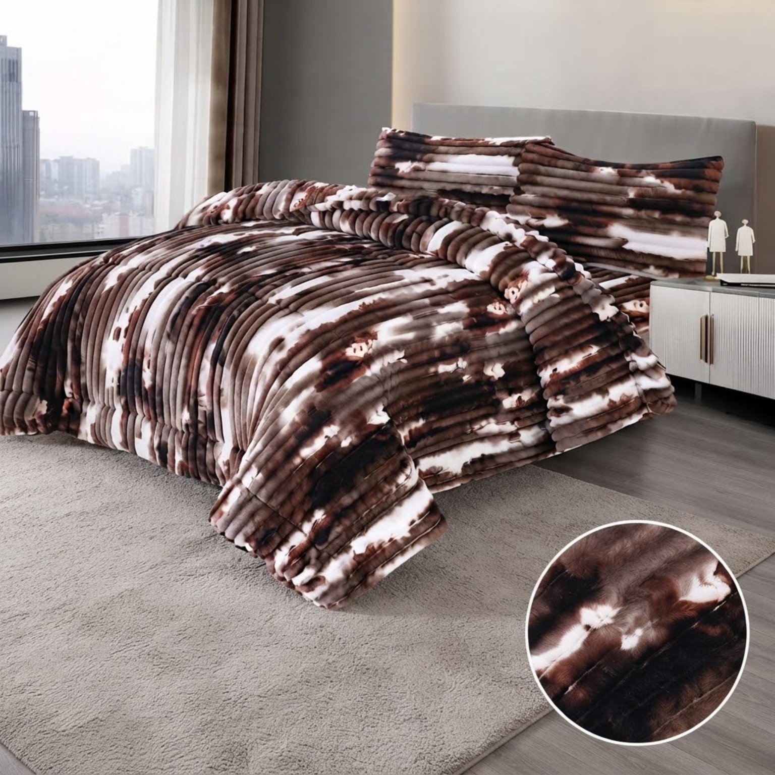 Dark Brown White Abstract Plush Shaggy King Size Quilt Set – 4 Pcs