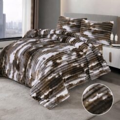 Grey Brown White Abstract Shaggy King Size Quilt Set – 4 Pcs