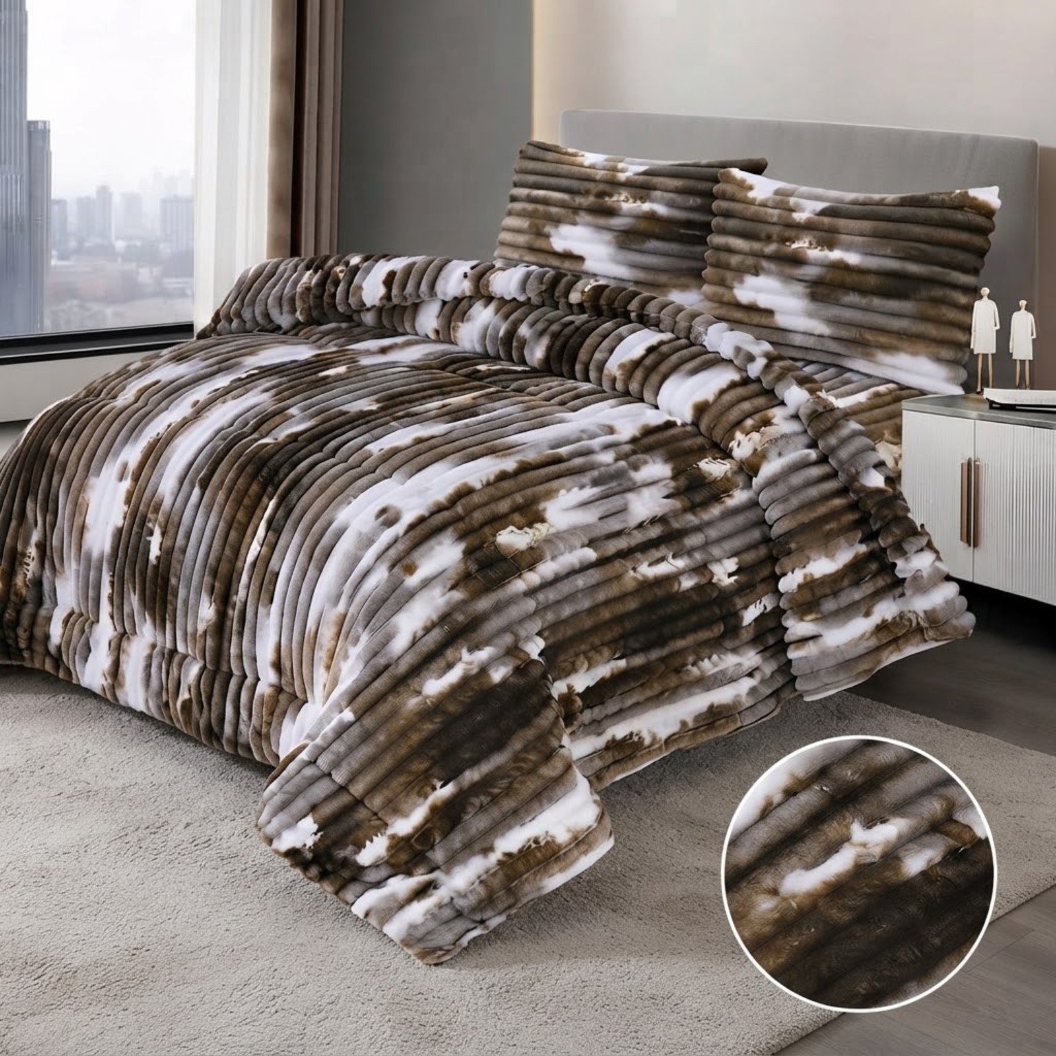 Grey Brown White Abstract Shaggy King Size Quilt Set – 4 Pcs