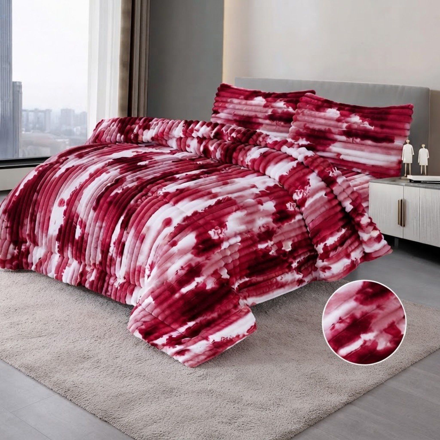 Brown White Abstract Plush Shaggy King Size Quilt Set