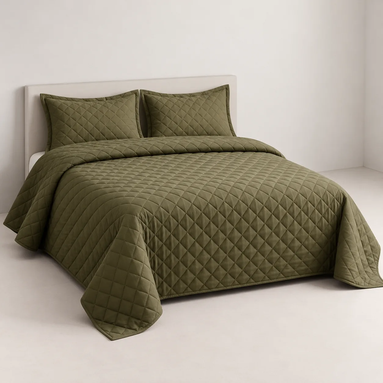 Moss Olive Diamond Quilted Bedspread Set (3 Pcs) - Image 2