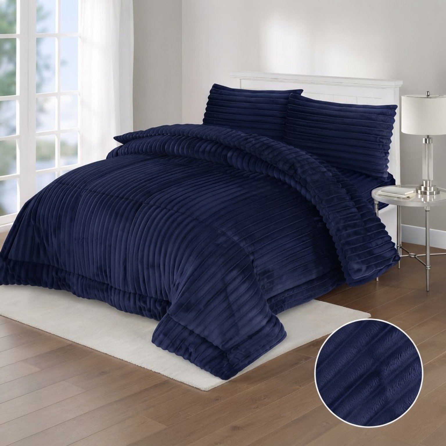 Navy Blue Plush Shaggy King Size Quilt Set – 4 Pcs