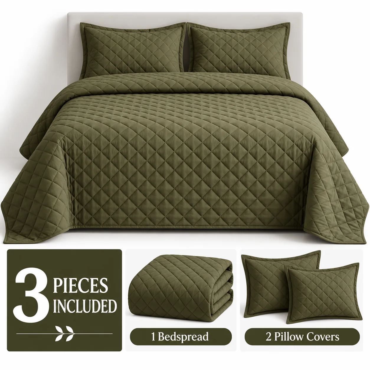 Moss Olive Diamond Quilted Bedspread Set (3 Pcs) - Image 4