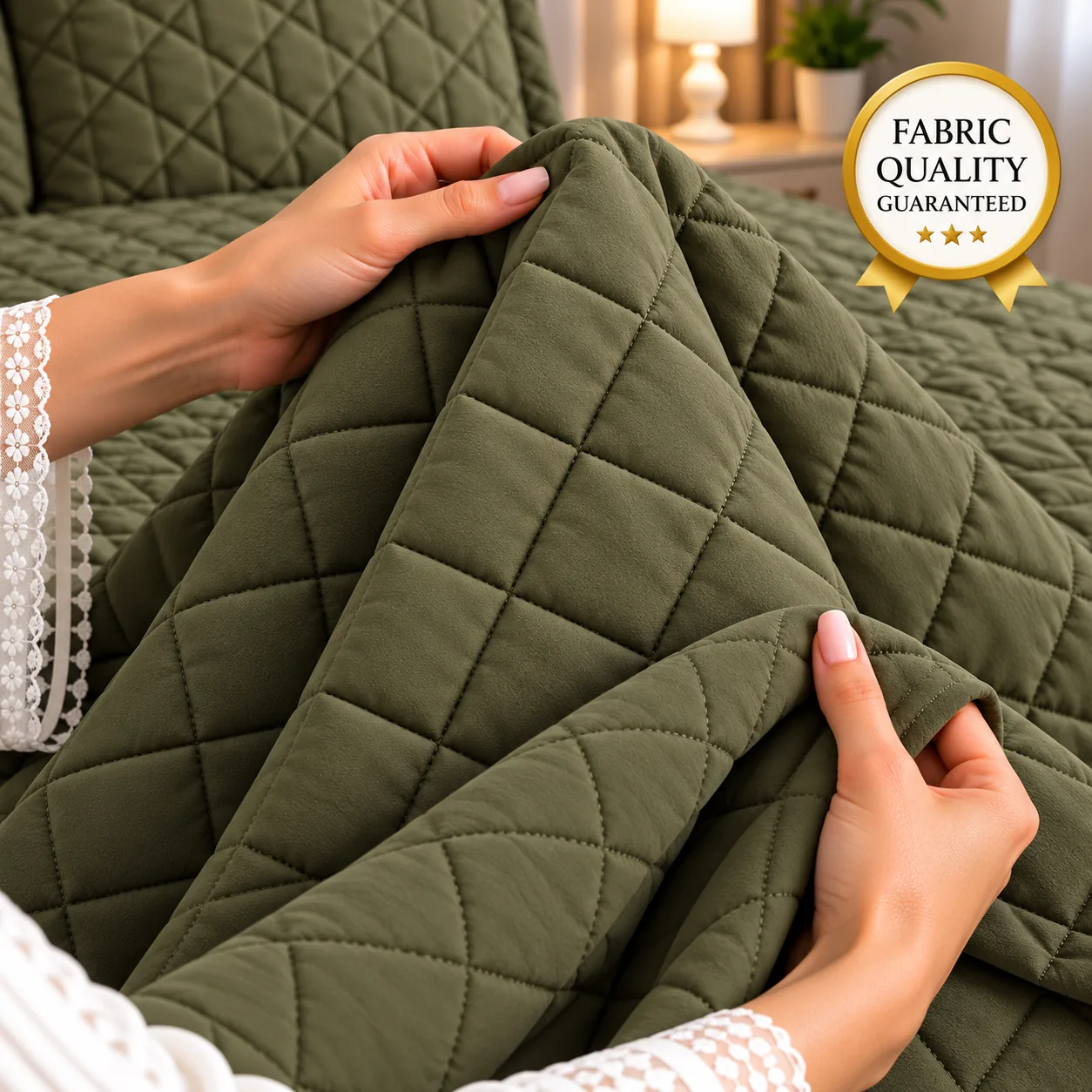 Moss Olive Diamond Quilted Bedspread Set (3 Pcs) - Image 3