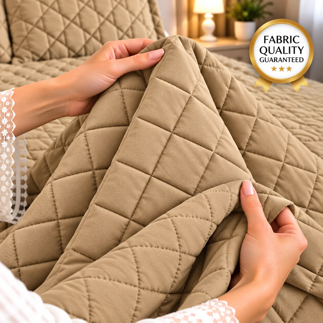 Sand Beige Diamond Quilted Bedspread Set (3 Pcs) - Image 3