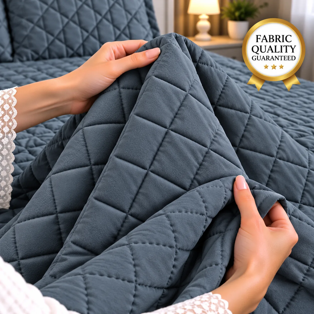 Slate Grey Diamond Quilted Bedspread Set (3 Pcs) - Image 3