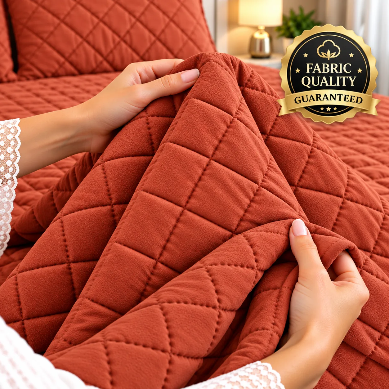 Terracotta Diamond Quilted Bedspread Set (3 Pcs) - Image 3