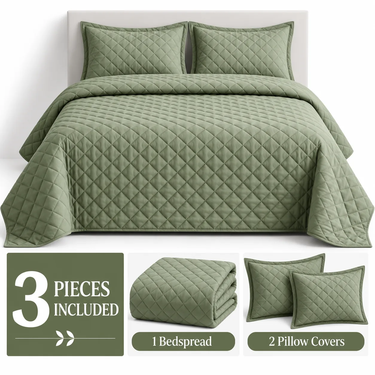 Sage Green Diamond Quilted Bedspread Set (3 Pcs) - Image 4